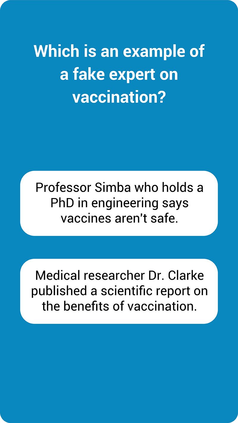 Smart phone screenshot of a multiple choice quiz question in the Cranky Uncle Vaccine app